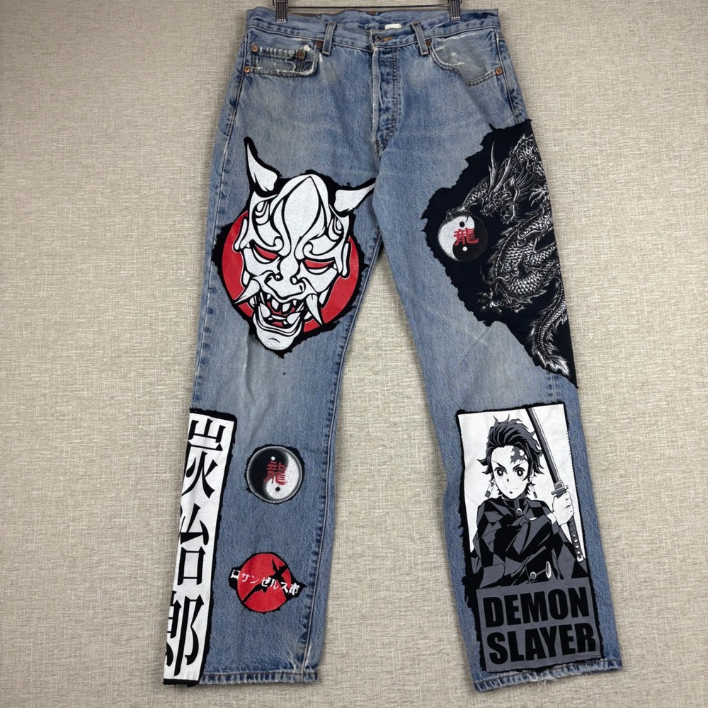 Levis 501 Custom Anime Patch Jeans Mens 34x30 Demon Slayer Hannya Dragon Denim